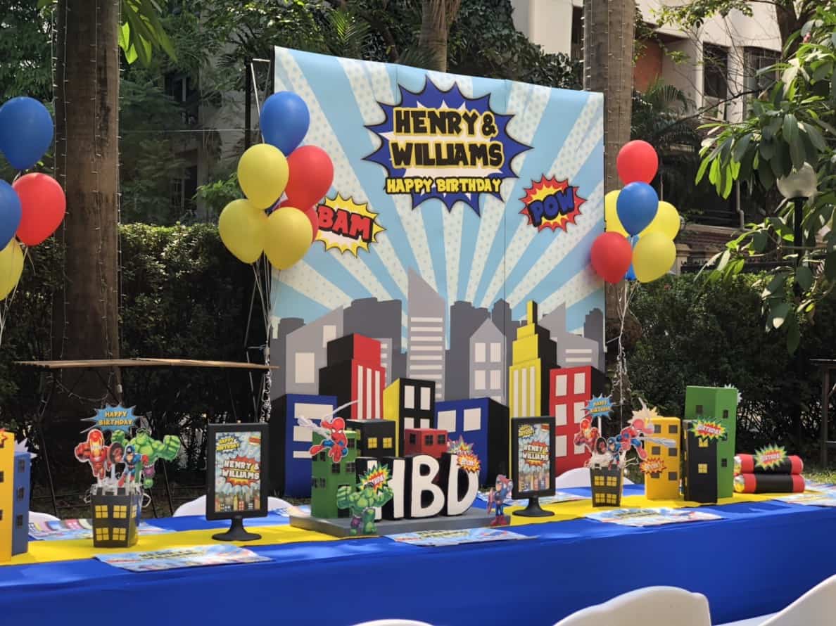 Favorite birthday theme for boys, Superheroes. Choosing us, the birthday party organizer providing decoration, birthday cake, entertainments, party games, bozo, magician, balloon twist, clowns, show and more fun stuffs